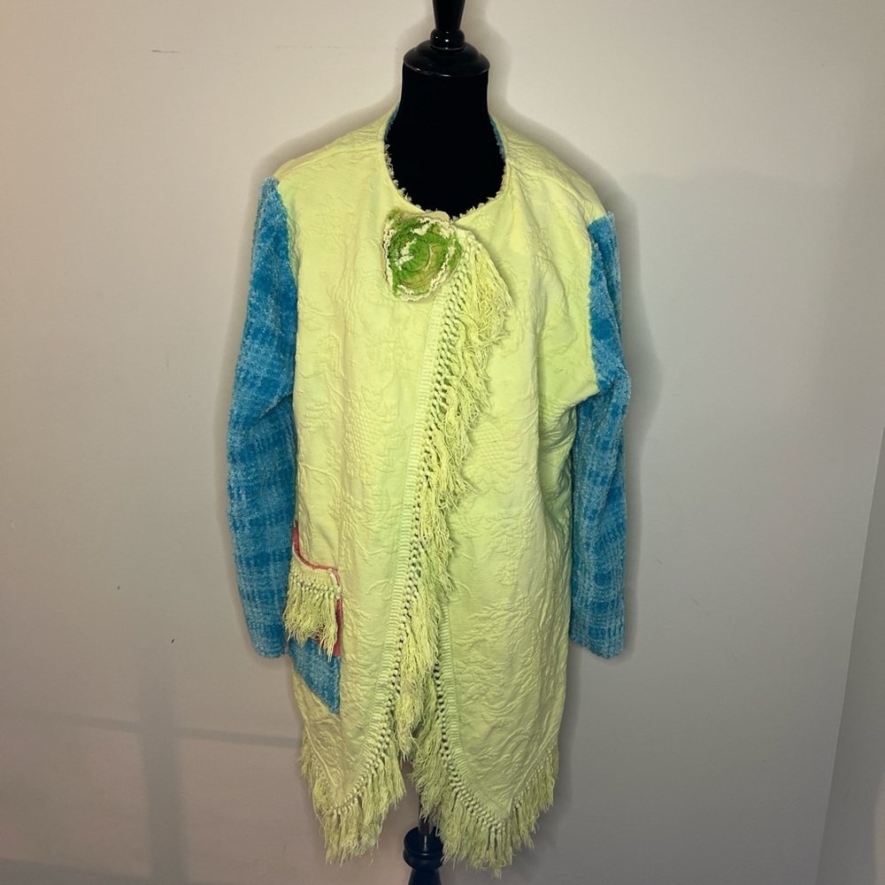 Salvaged Threads wearable art Textured Fringe Cardigan with Blue Sleeves